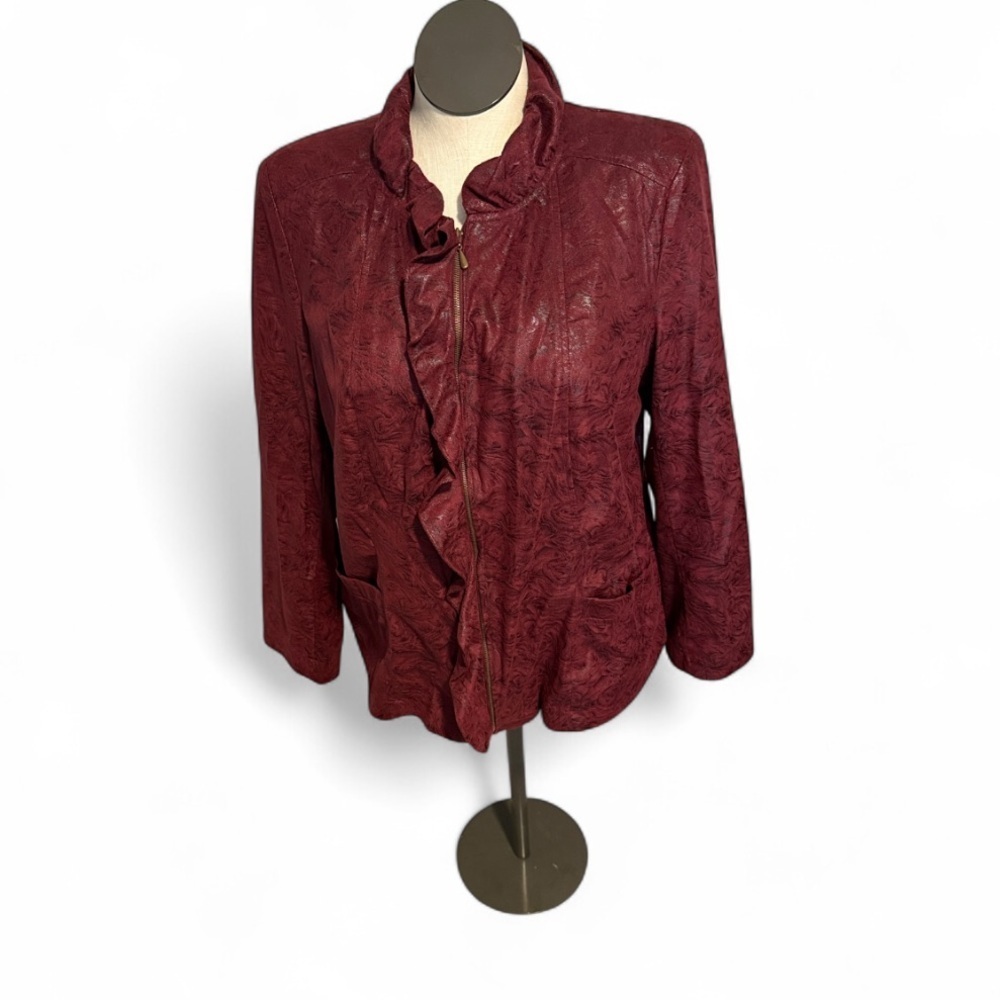 Elementz Woman front ruffle accent zippered plus jacket burgundy Size 2X